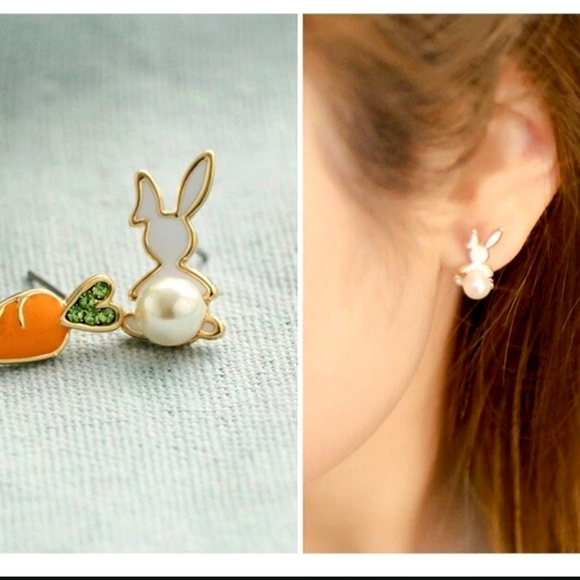 Gold plated green crystal Orange carrot Bunny pearl earrings silver post - Picture 7 of 11